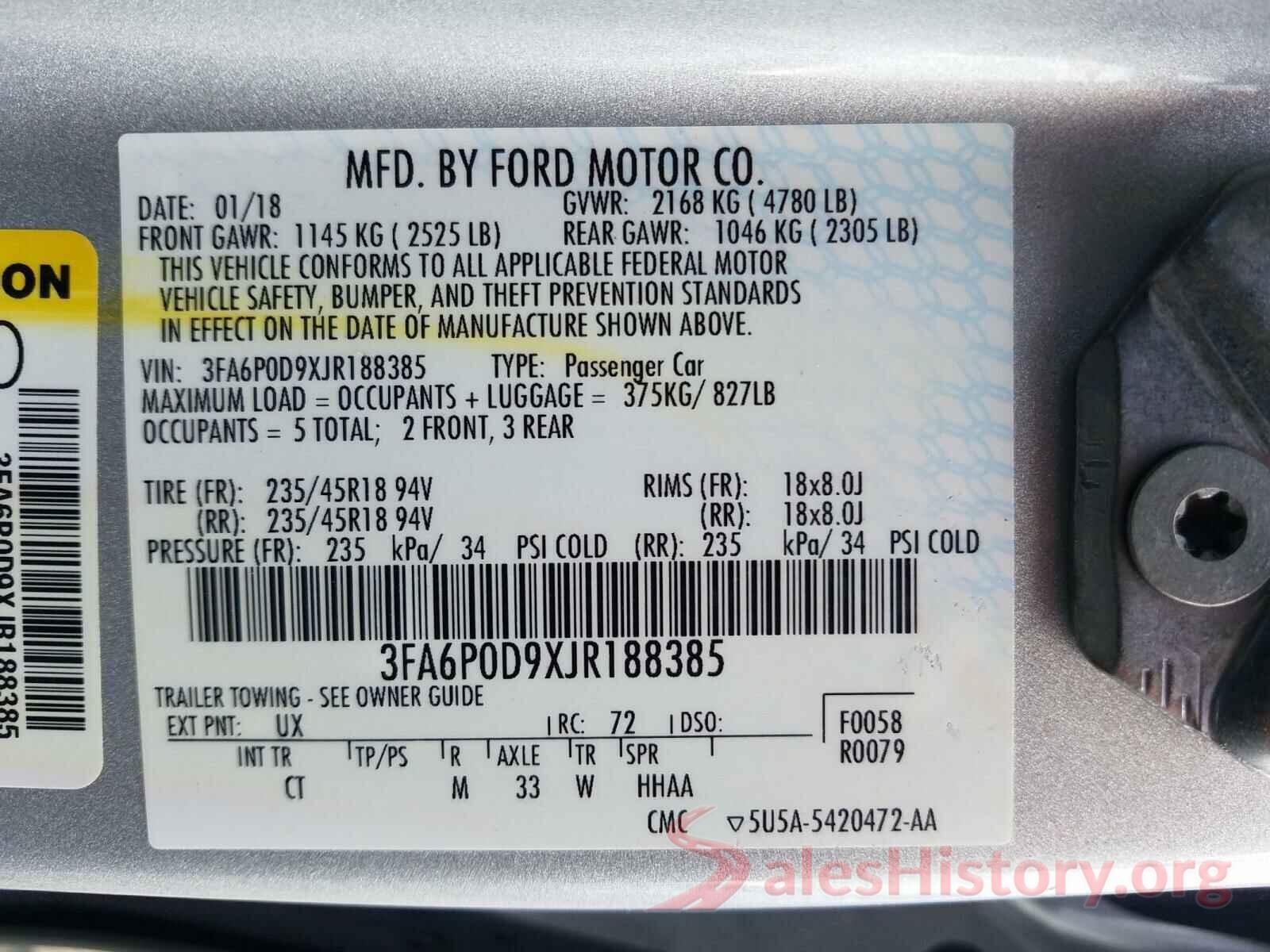 3FA6P0D9XJR188385 2018 FORD FUSION