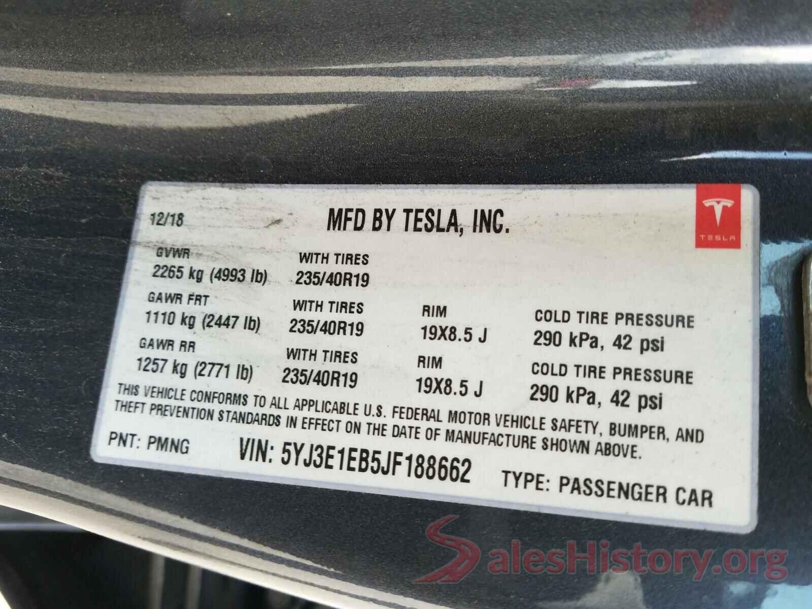 5YJ3E1EB5JF188662 2018 TESLA MODEL 3