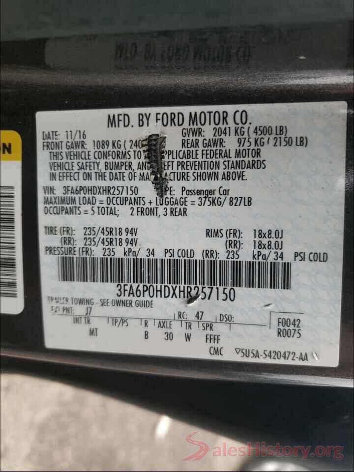 3FA6P0HDXHR257150 2017 FORD FUSION