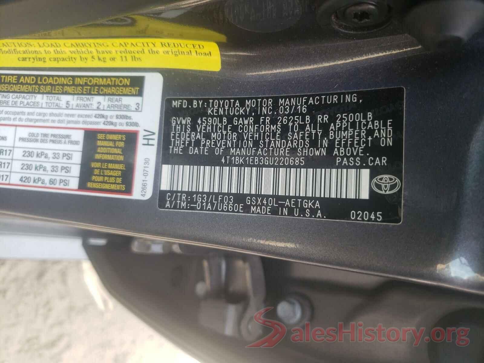 4T1BK1EB3GU220685 2016 TOYOTA AVALON