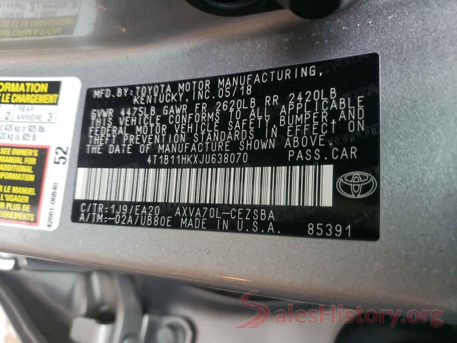 4T1B11HKXJU638070 2018 TOYOTA CAMRY