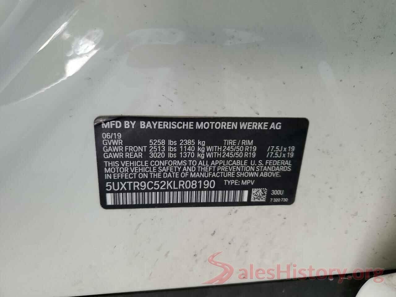 5UXTR9C52KLR08190 2019 BMW X3