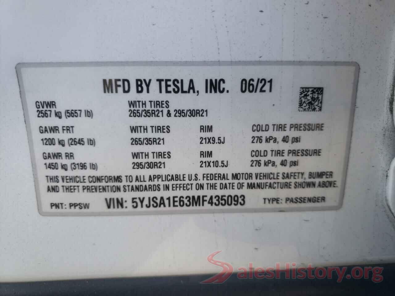 5YJSA1E63MF435093 2021 TESLA MODEL S