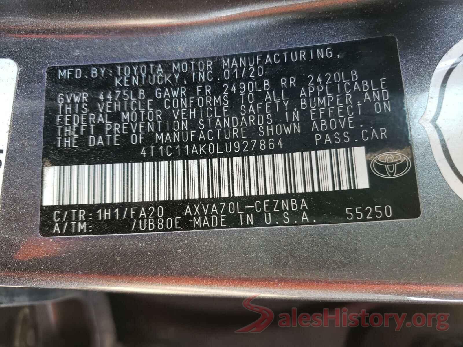 4T1C11AK0LU927864 2020 TOYOTA CAMRY