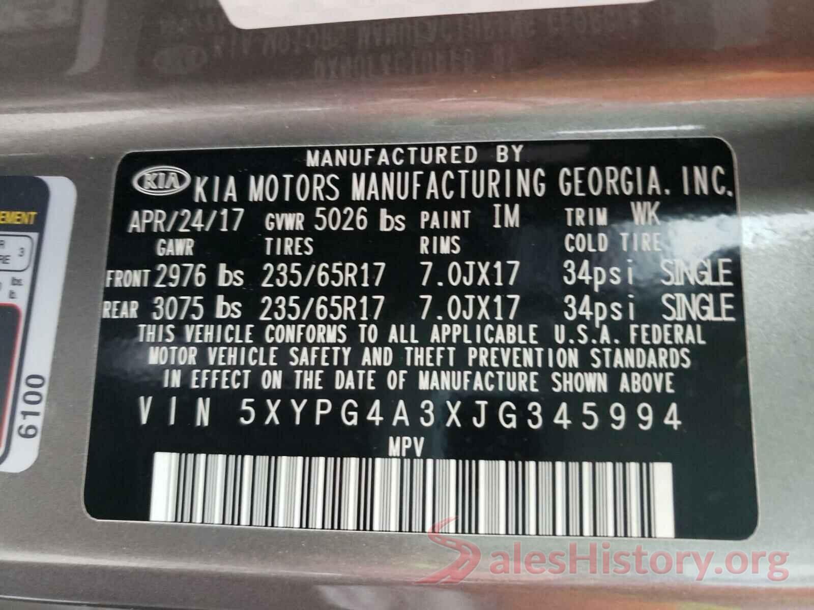 5XYPG4A3XJG345994 2018 KIA SORENTO