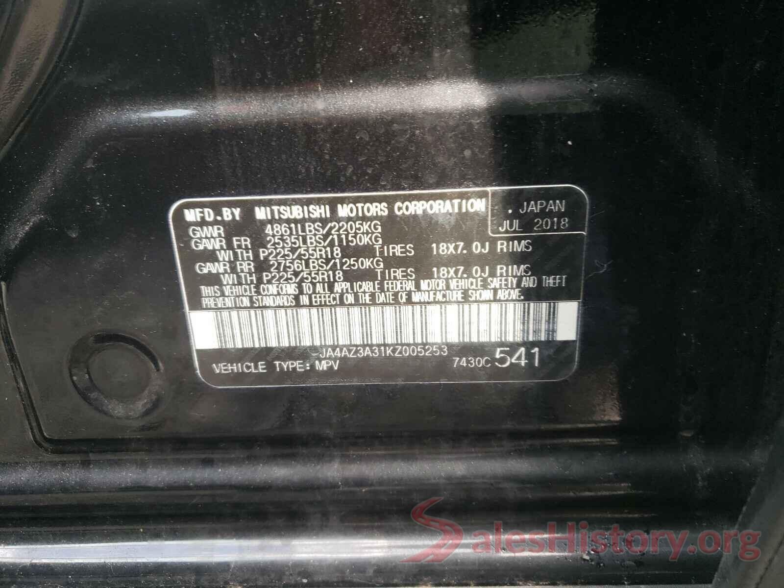 JA4AZ3A31KZ005253 2019 MITSUBISHI OUTLANDER