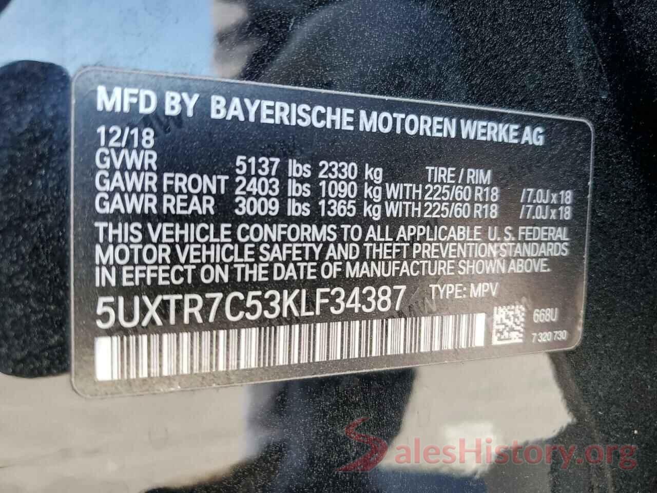 5UXTR7C53KLF34387 2019 BMW X3