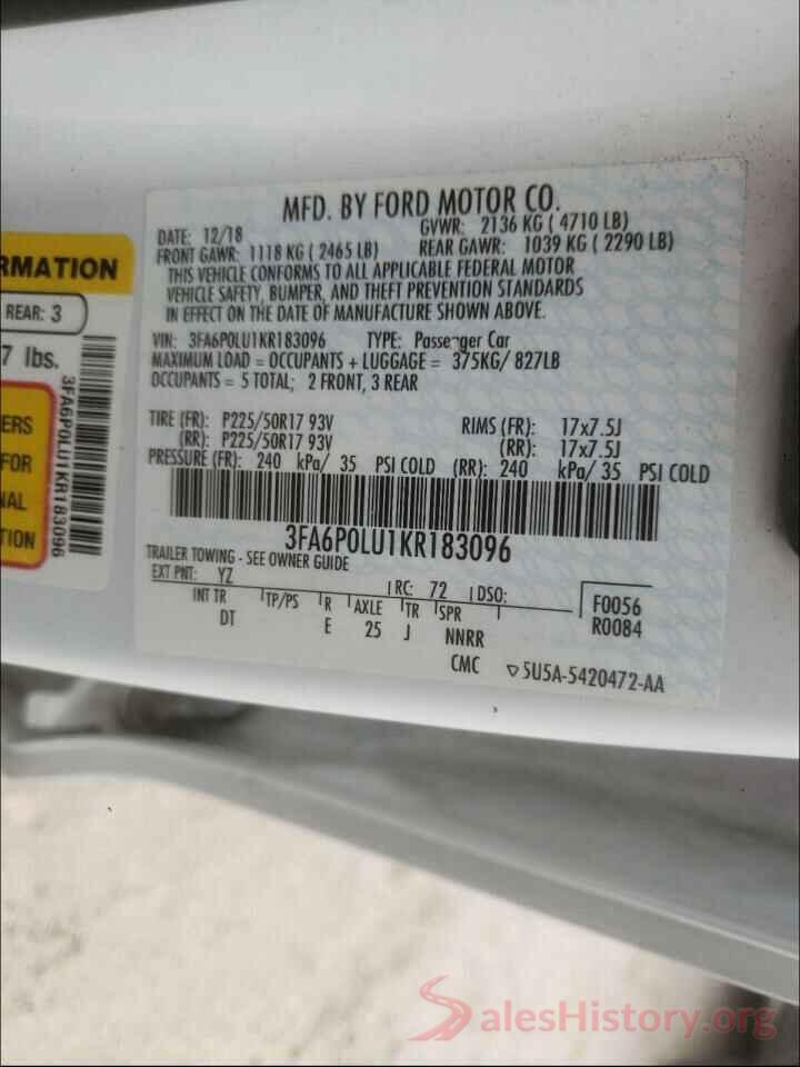 3FA6P0LU1KR183096 2019 FORD FUSION