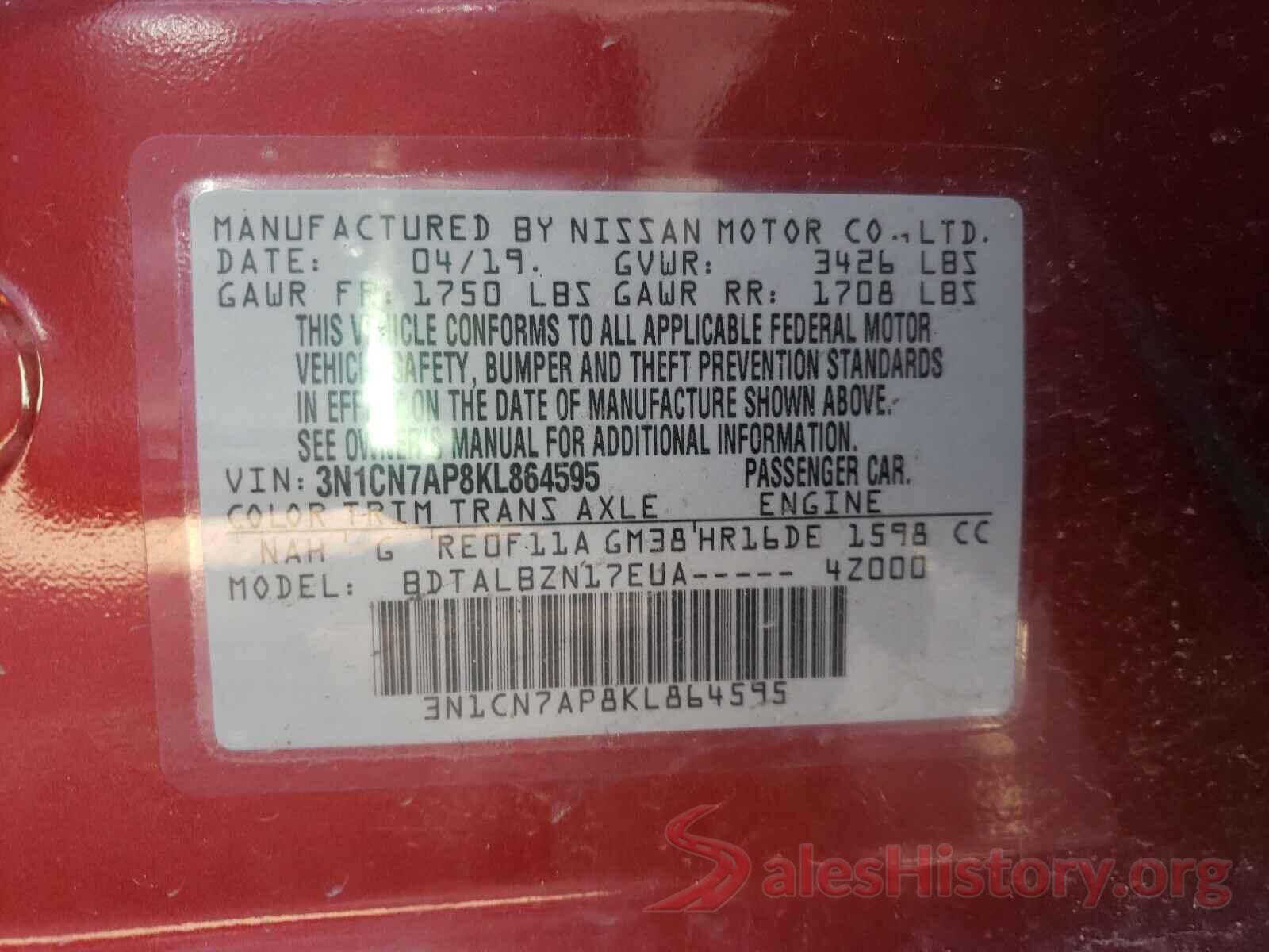 3N1CN7AP8KL864595 2019 NISSAN VERSA