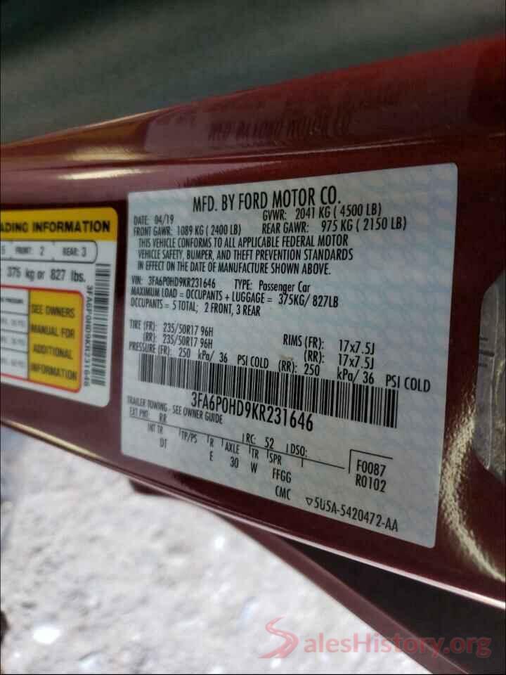 3FA6P0HD9KR231646 2019 FORD FUSION