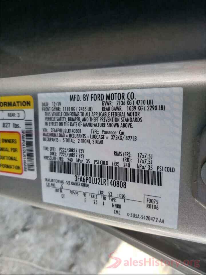 3FA6P0LU2LR140808 2020 FORD FUSION