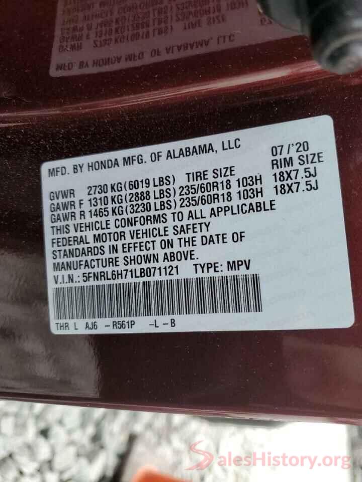 5FNRL6H71LB071121 2020 HONDA ODYSSEY