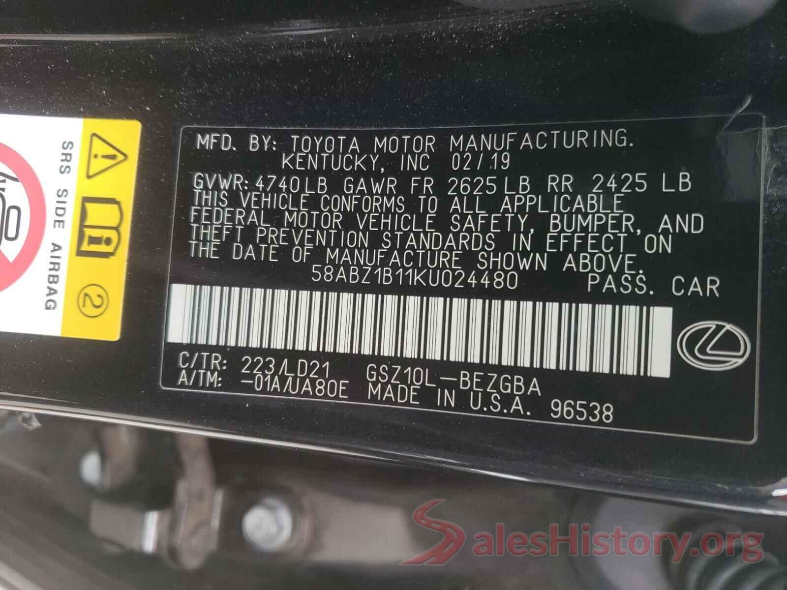 58ABZ1B11KU024480 2019 LEXUS ES350