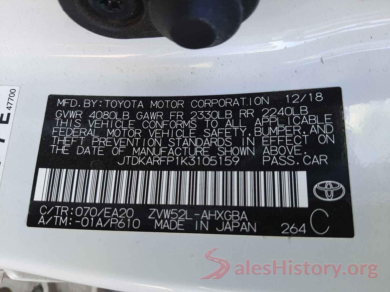 JTDKARFP1K3105159 2019 TOYOTA PRIUS