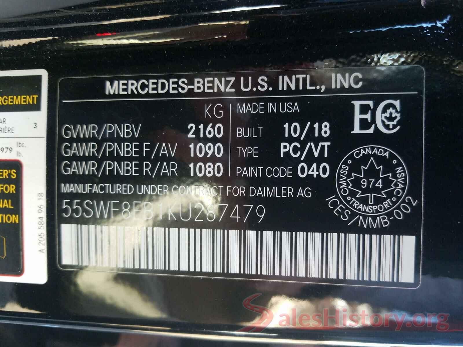 55SWF8EB1KU287479 2019 MERCEDES-BENZ C CLASS