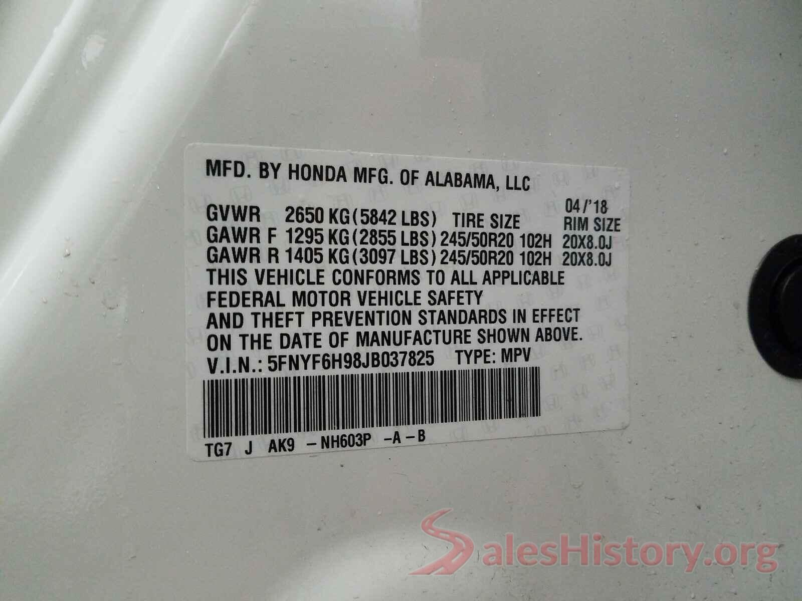 5FNYF6H98JB037825 2018 HONDA PILOT