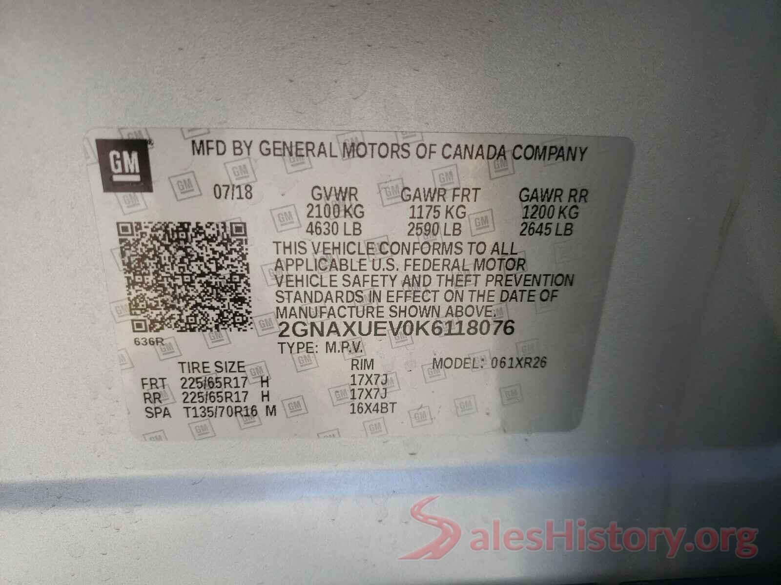 2GNAXUEV0K6118076 2019 CHEVROLET EQUINOX