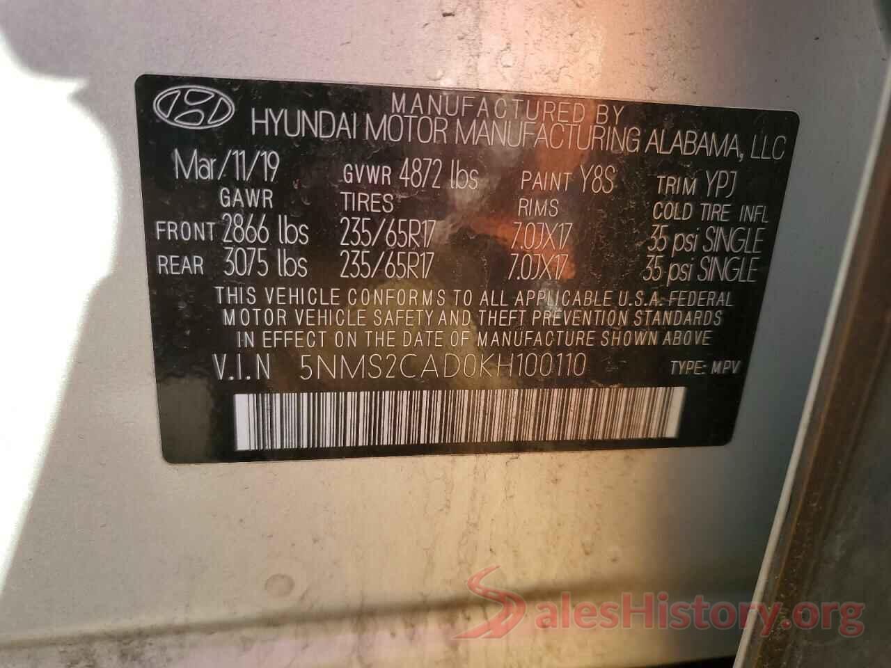 5NMS2CAD0KH100110 2019 HYUNDAI SANTA FE