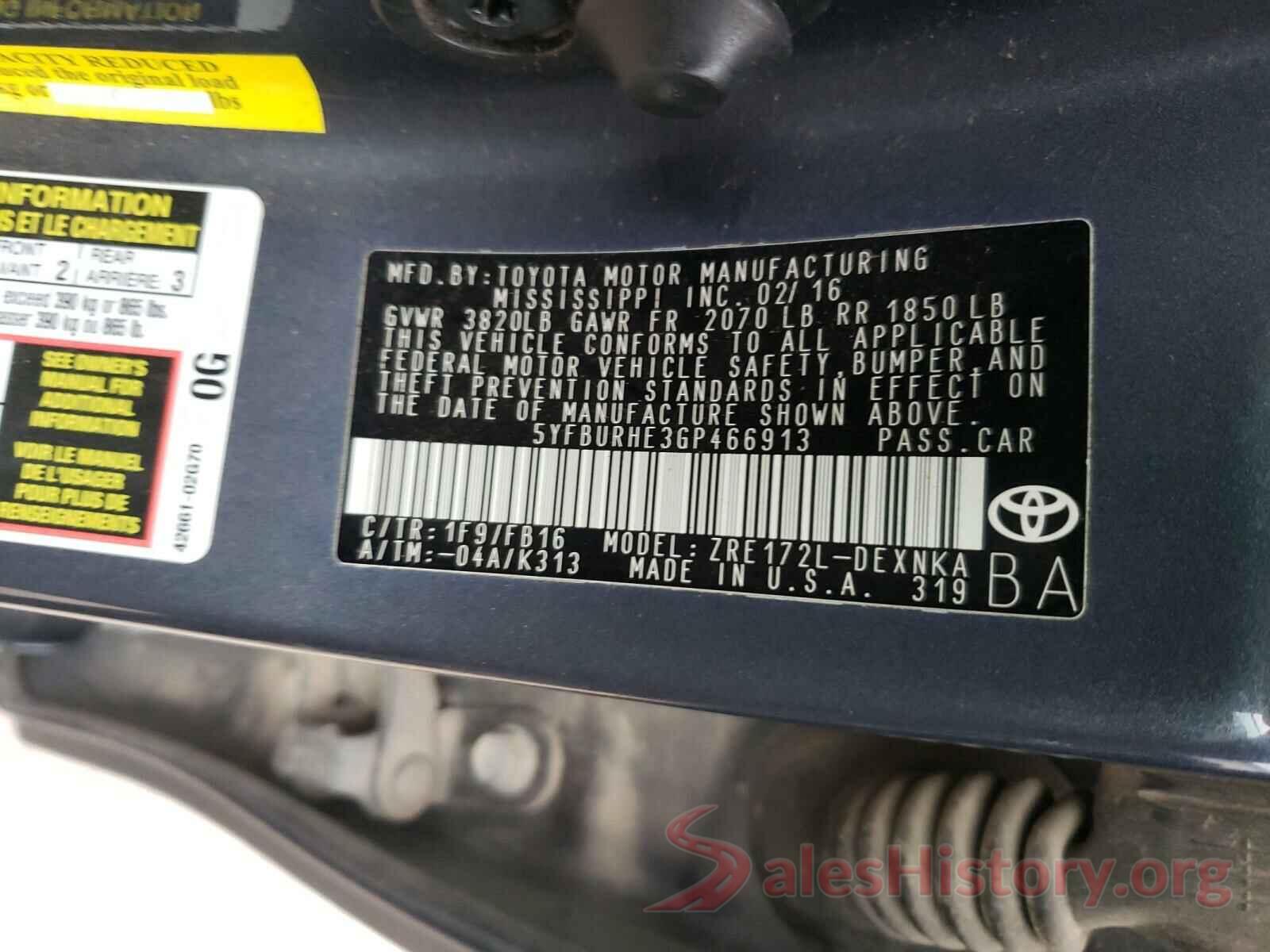 5YFBURHE3GP466913 2016 TOYOTA COROLLA