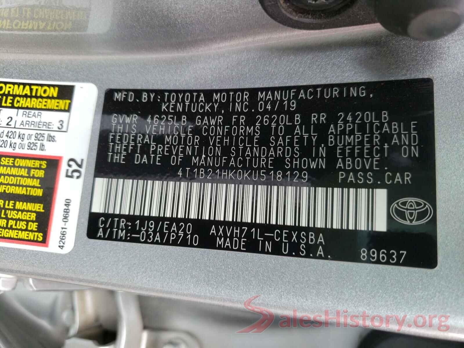 4T1B21HK0KU518129 2019 TOYOTA CAMRY