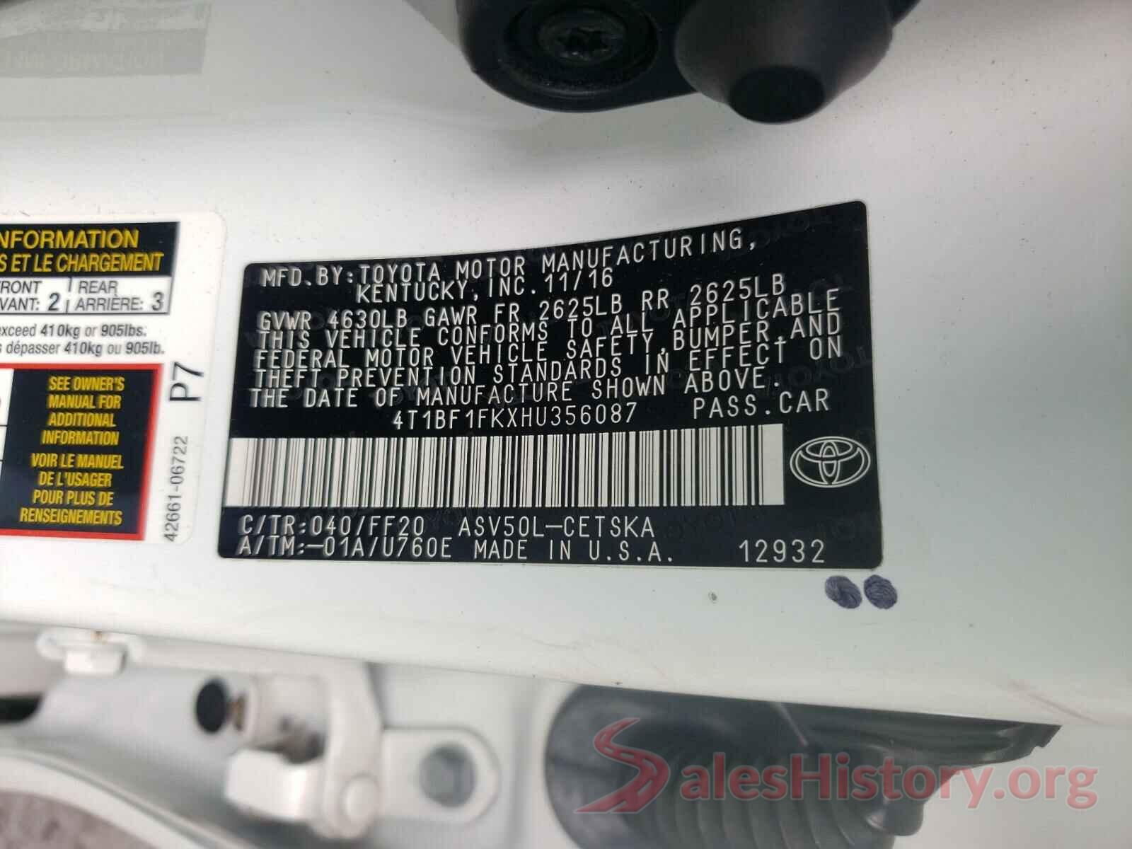 4T1BF1FKXHU356087 2017 TOYOTA CAMRY