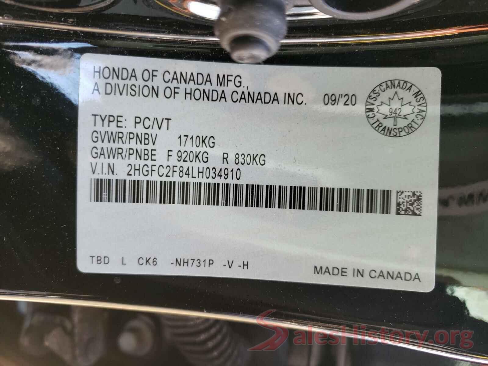 2HGFC2F84LH034910 2020 HONDA CIVIC