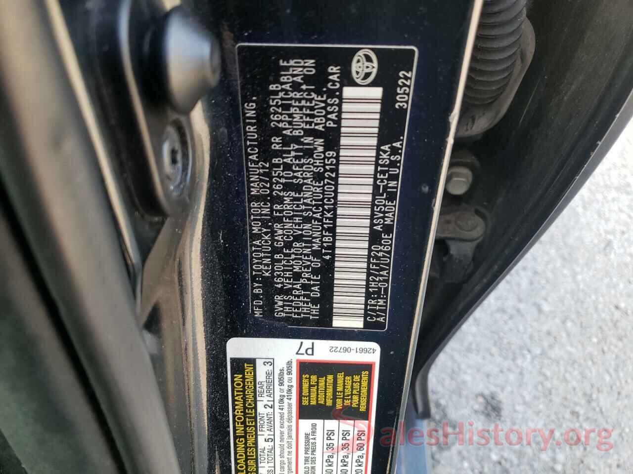 4T1BF1FK1CU072159 2012 TOYOTA CAMRY