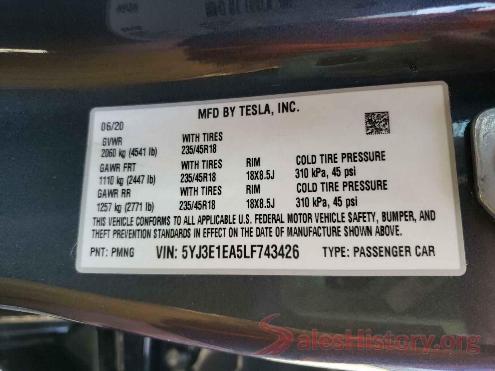 5YJ3E1EA5LF743426 2020 TESLA MODEL 3