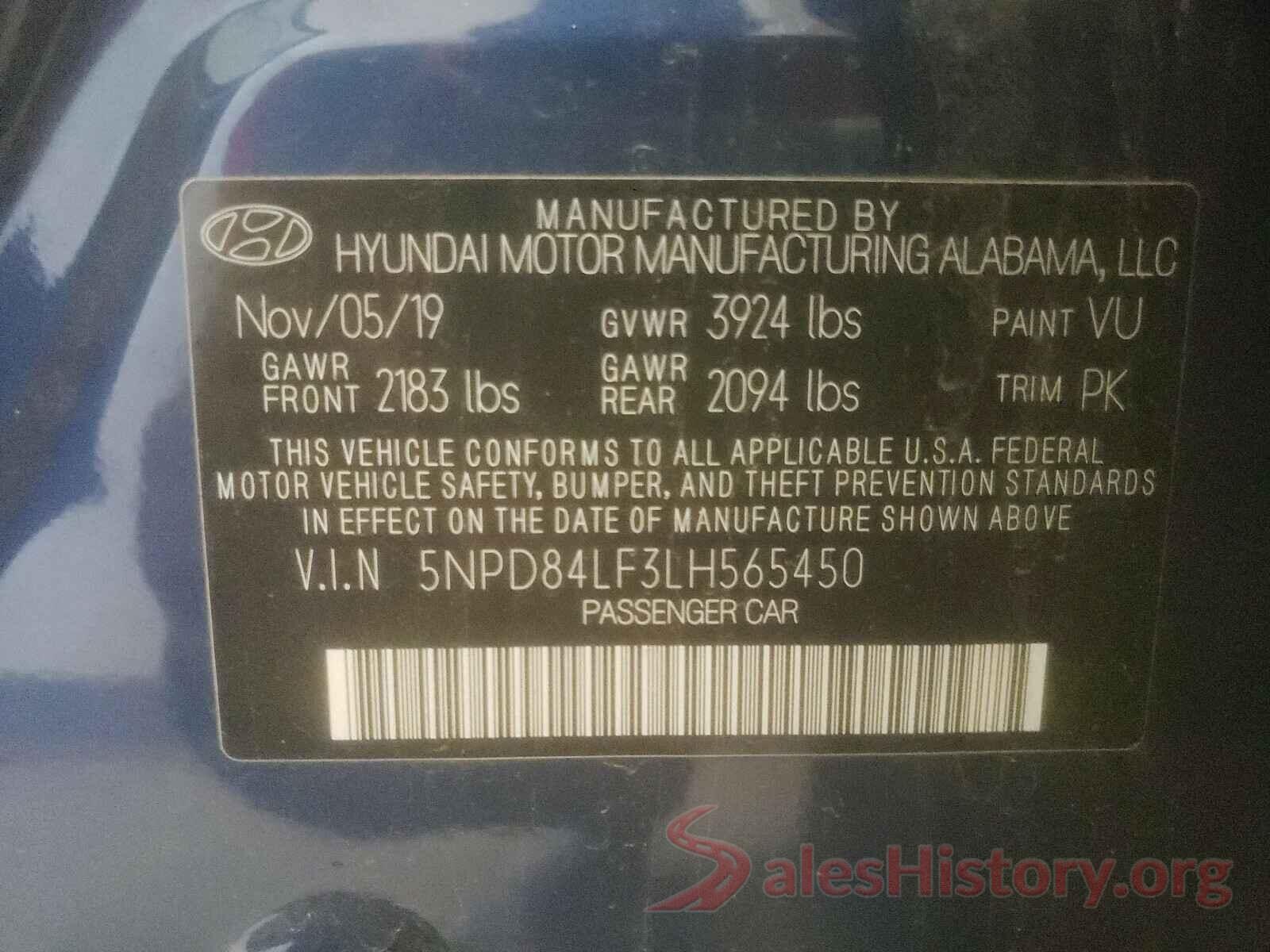 5NPD84LF3LH565450 2020 HYUNDAI ELANTRA