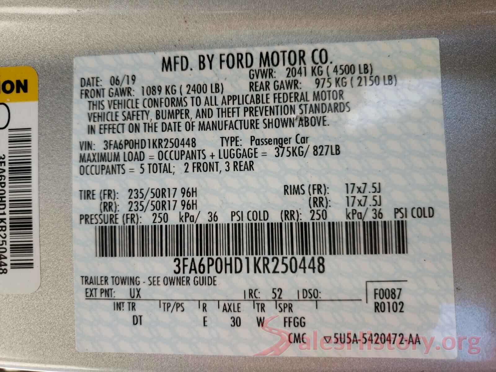 3FA6P0HD1KR250448 2019 FORD FUSION