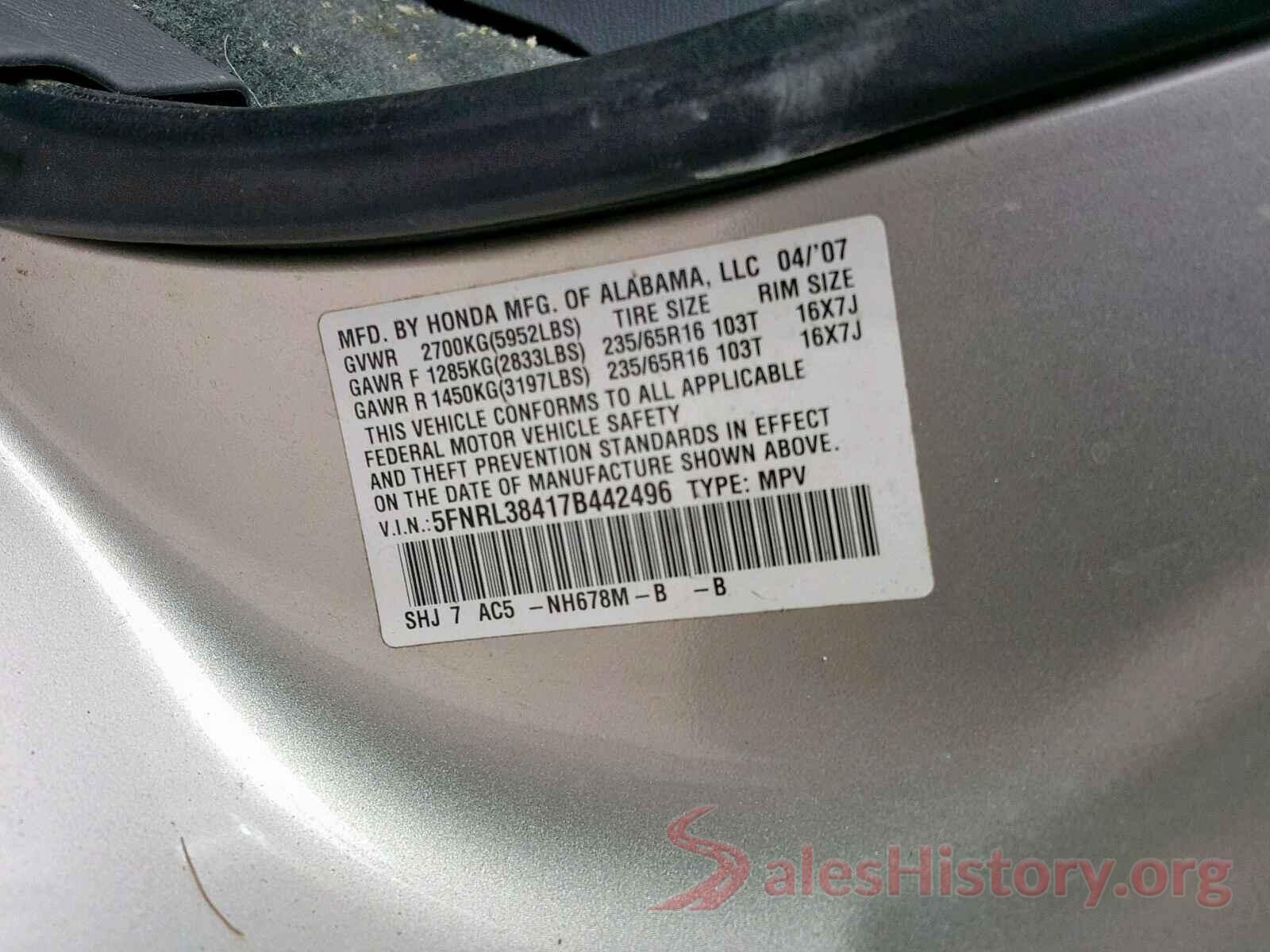 5FNRL38417B442496 2007 HONDA ODYSSEY EX