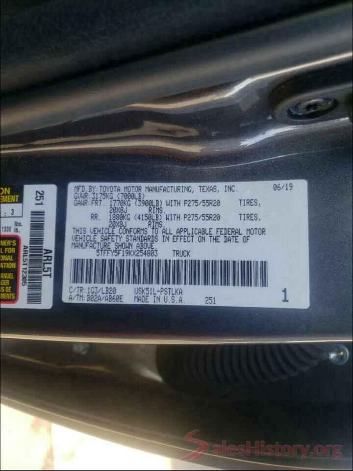 5TFFY5F19KX254803 2019 TOYOTA TUNDRA