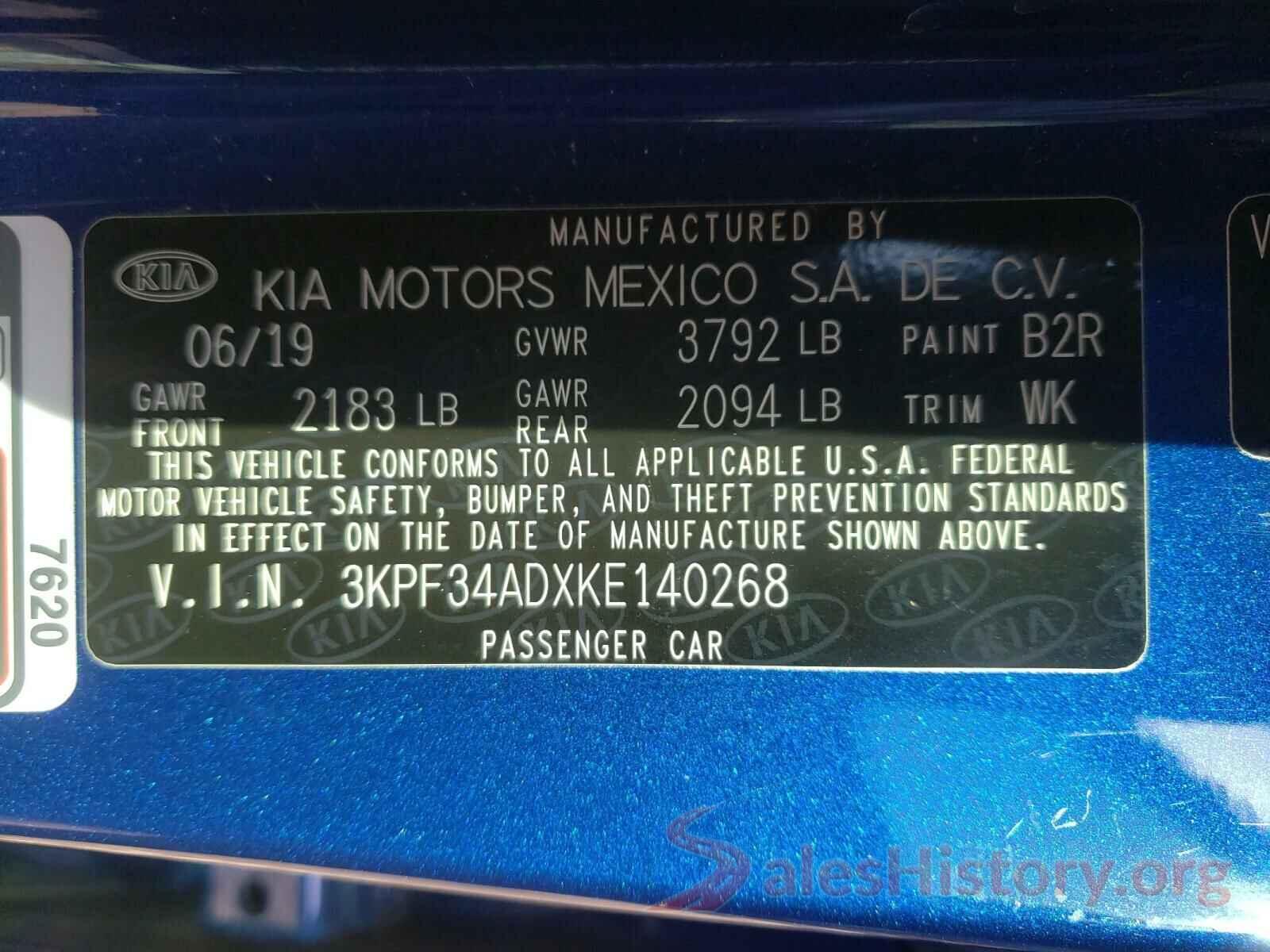 3KPF34ADXKE140268 2019 KIA FORTE