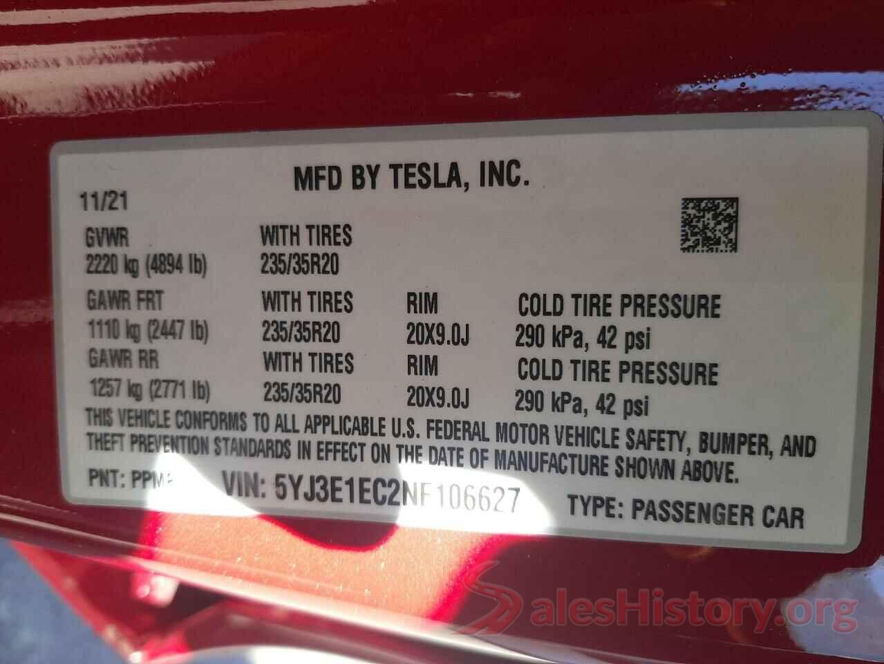 5YJ3E1EC2NF106627 2022 TESLA MODEL 3