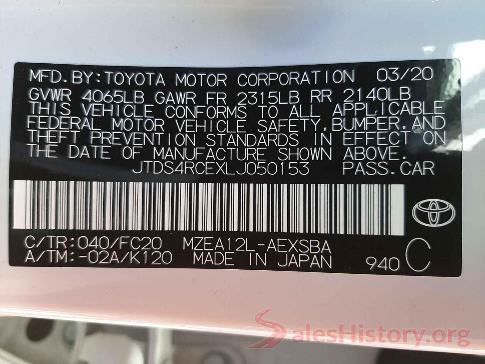 JTDS4RCEXLJ050153 2020 TOYOTA COROLLA