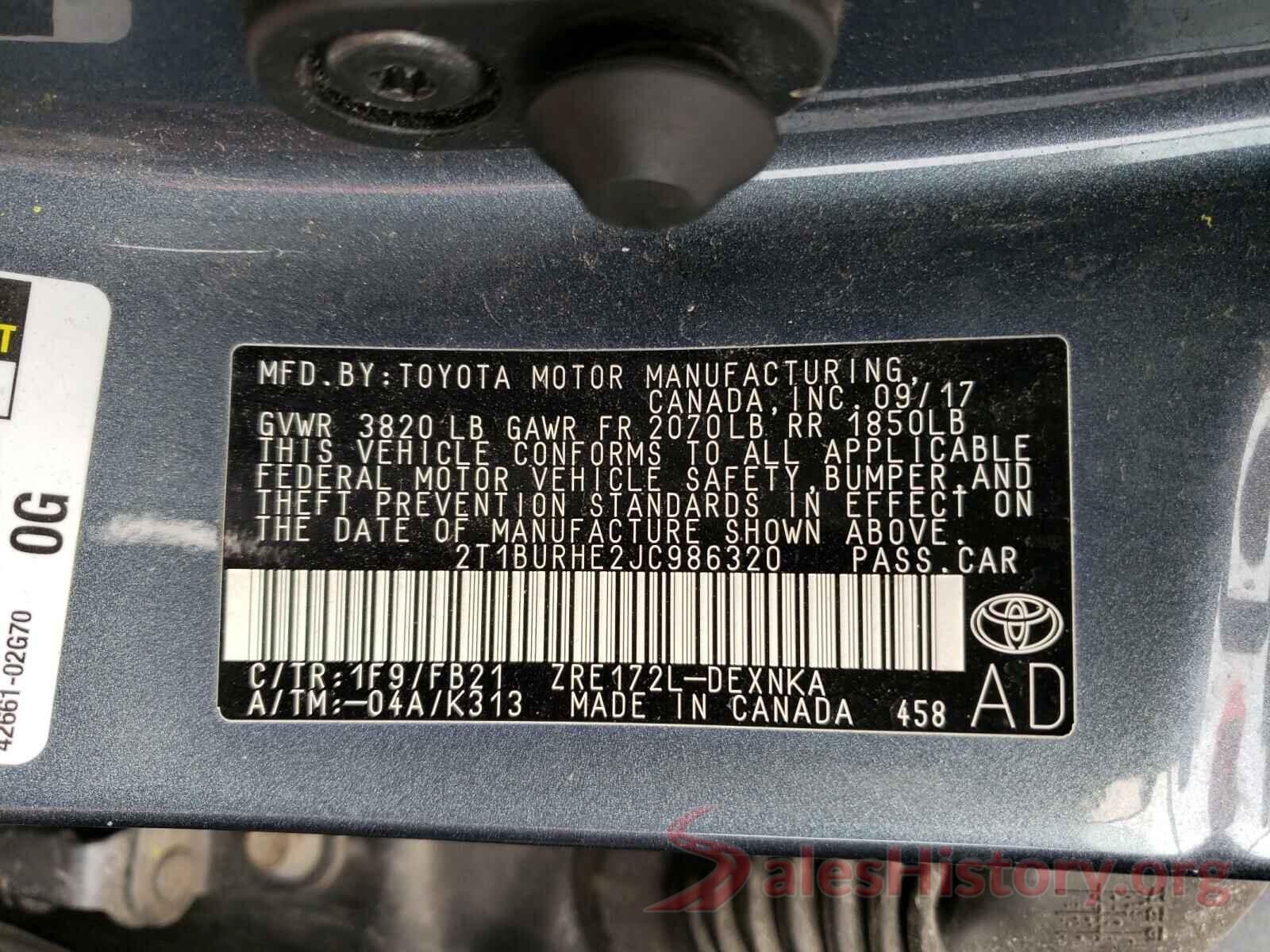 2T1BURHE2JC986320 2018 TOYOTA COROLLA