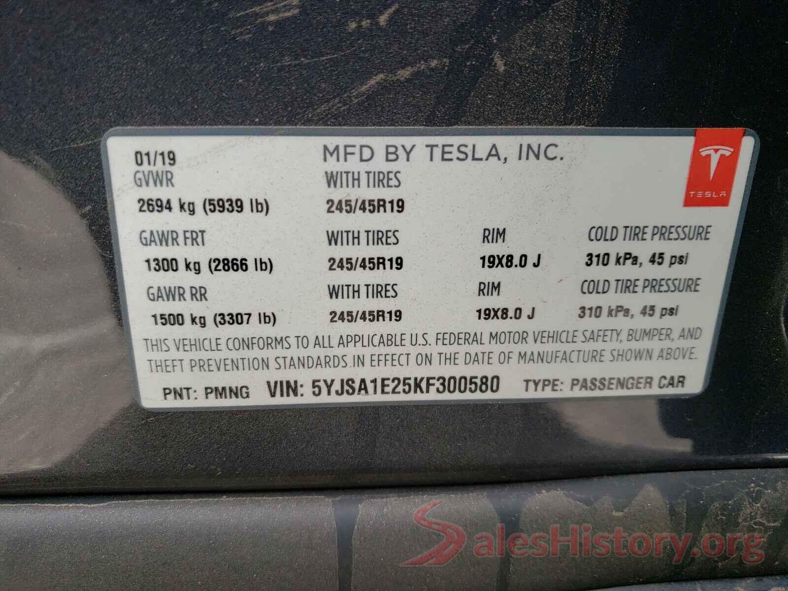 5YJSA1E25KF300580 2019 TESLA MODEL S