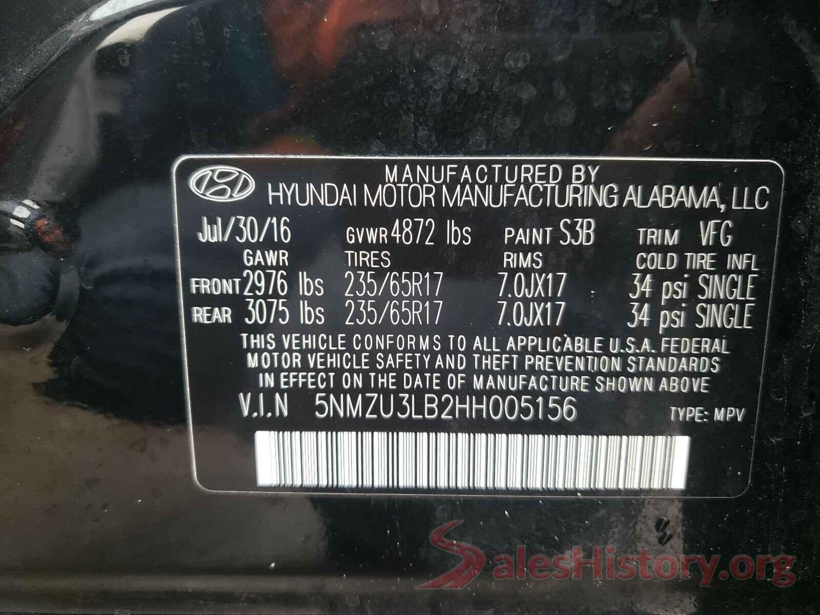 5NMZU3LB2HH005156 2017 HYUNDAI SANTA FE