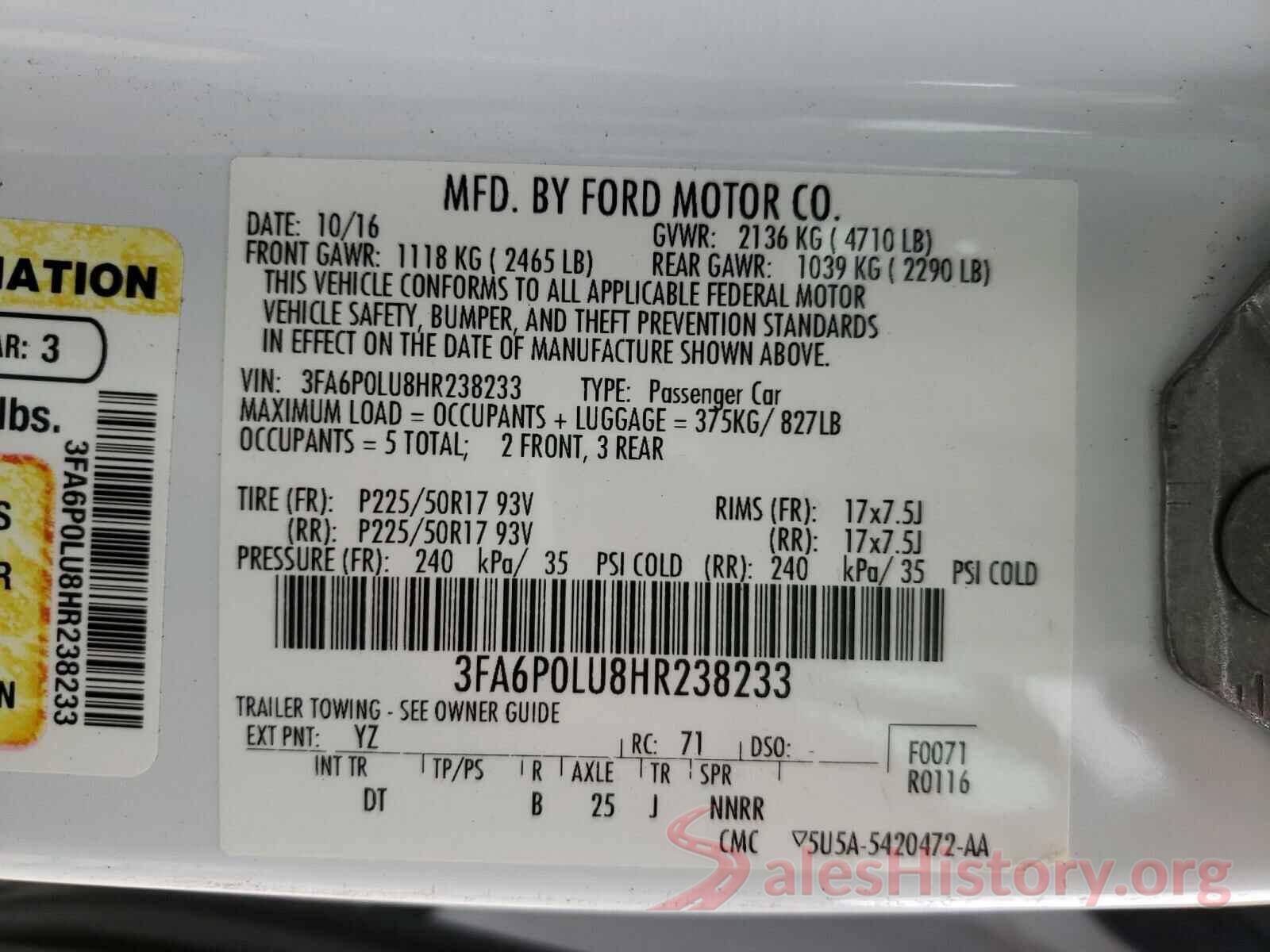 3FA6P0LU8HR238233 2017 FORD FUSION