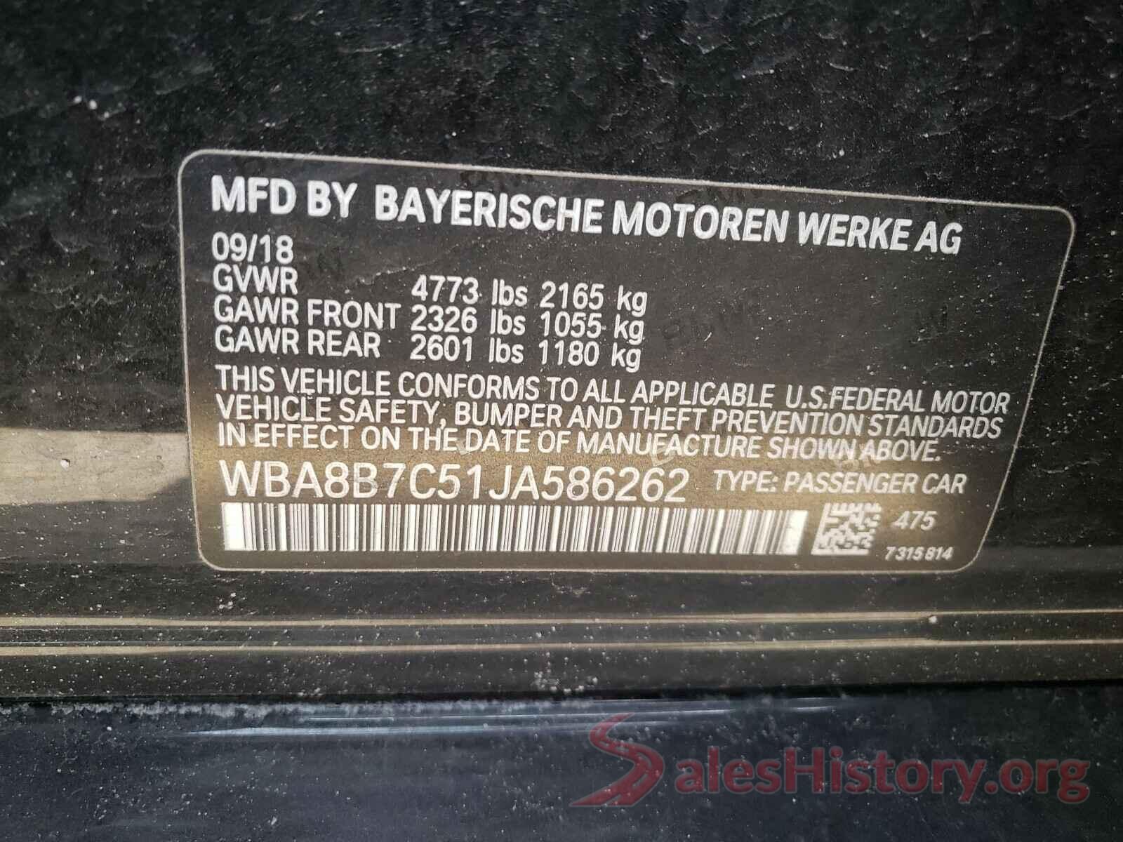 WBA8B7C51JA586262 2018 BMW 3 SERIES