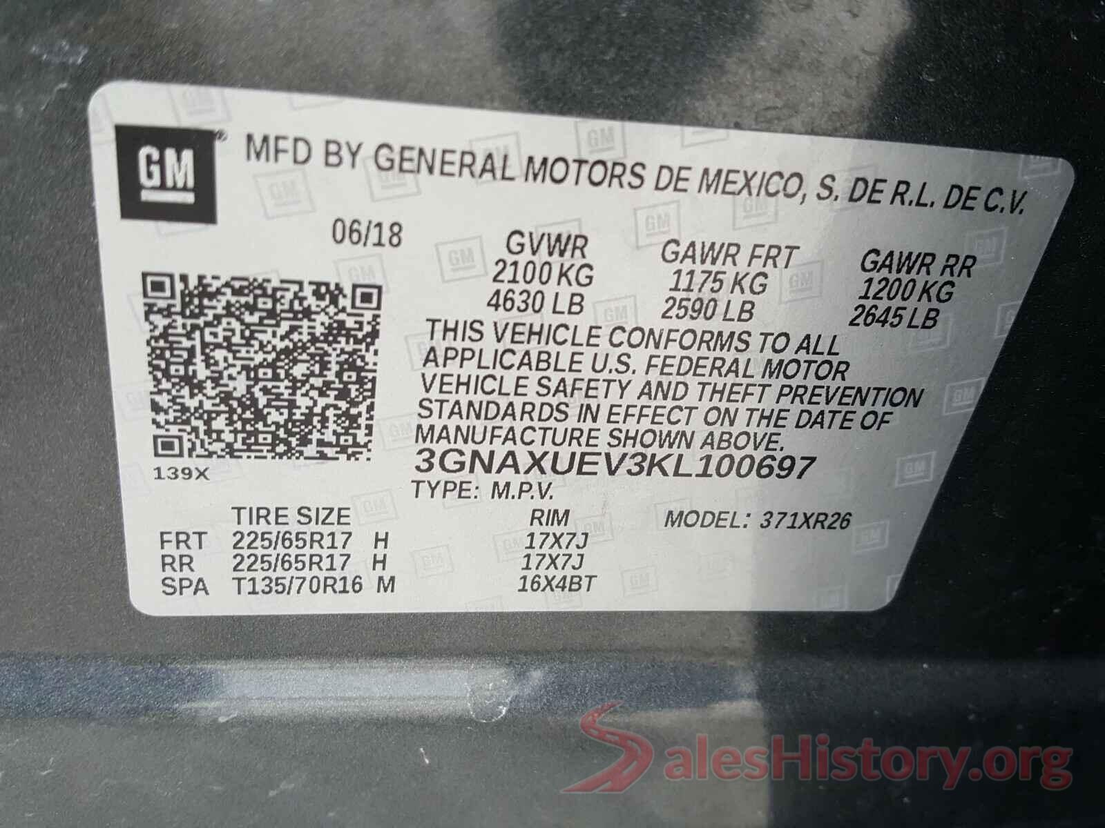 3GNAXUEV3KL100697 2019 CHEVROLET EQUINOX