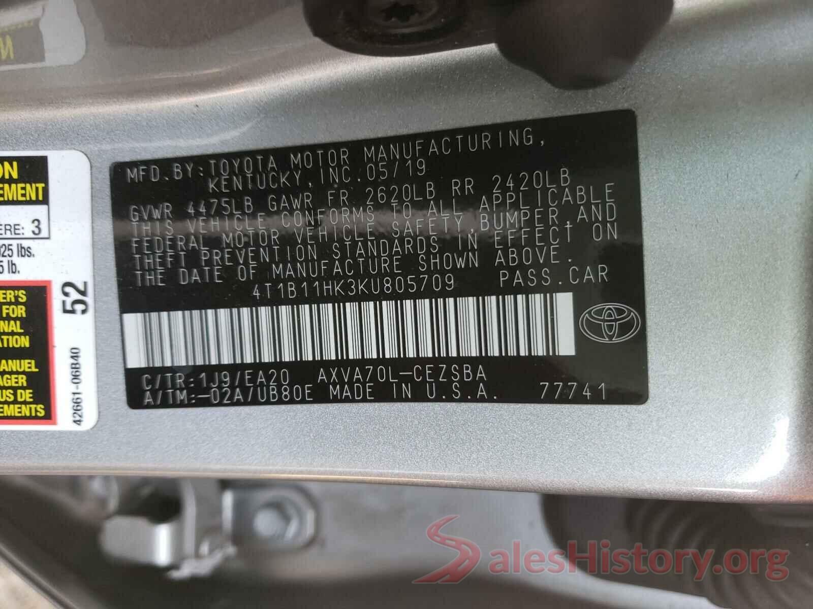 4T1B11HK3KU805709 2019 TOYOTA CAMRY