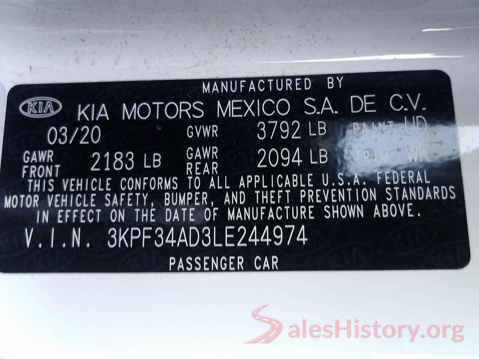 3KPF34AD3LE244974 2020 KIA FORTE