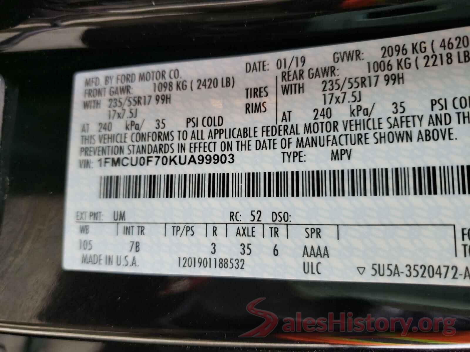 1FMCU0F70KUA99903 2019 FORD ESCAPE