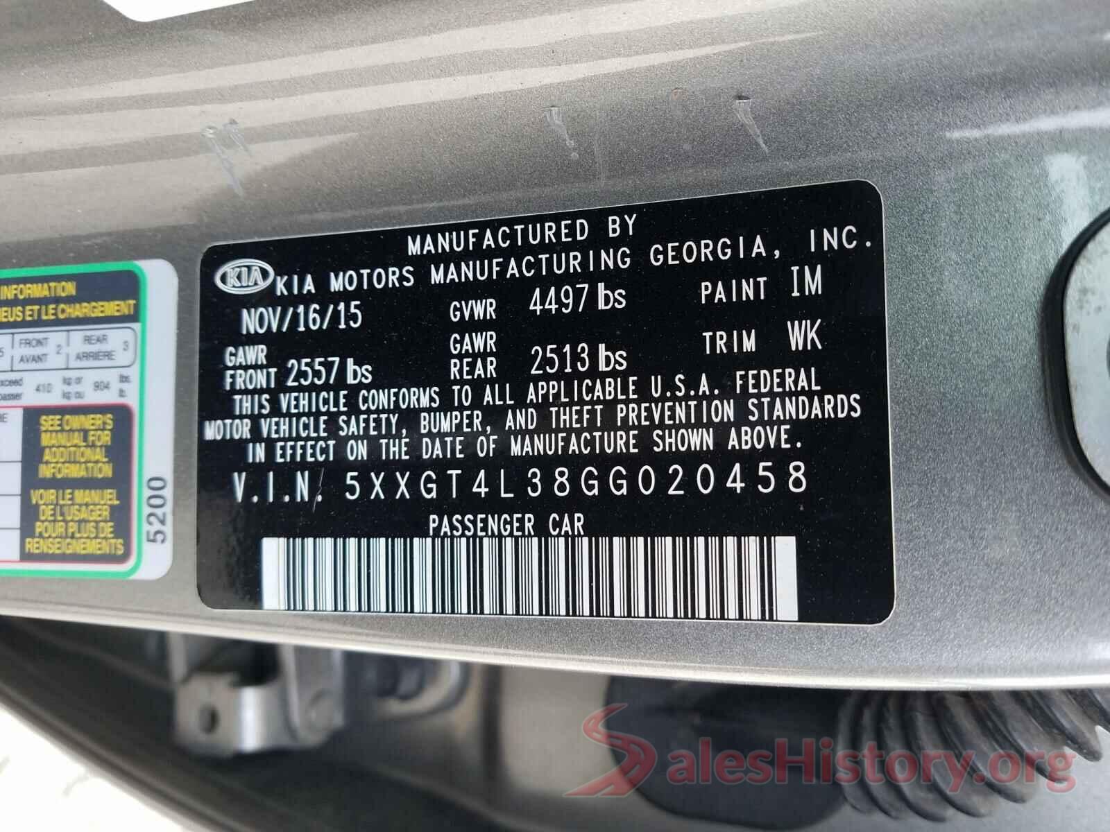 5XXGT4L38GG020458 2016 KIA OPTIMA