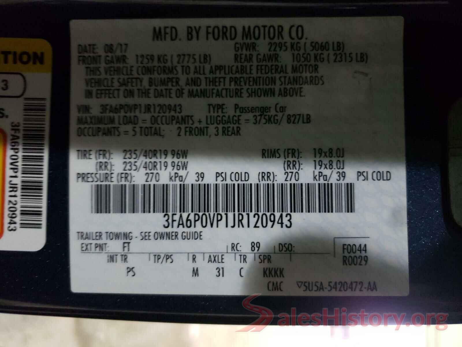 3FA6P0VP1JR120943 2018 FORD FUSION