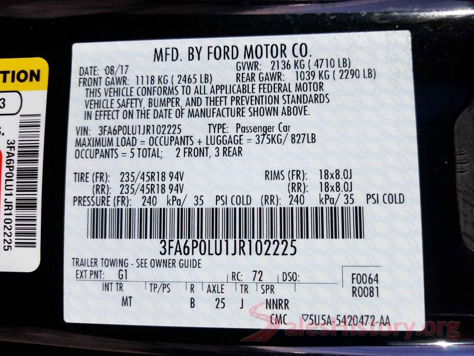 3FA6P0LU1JR102225 2018 FORD FUSION