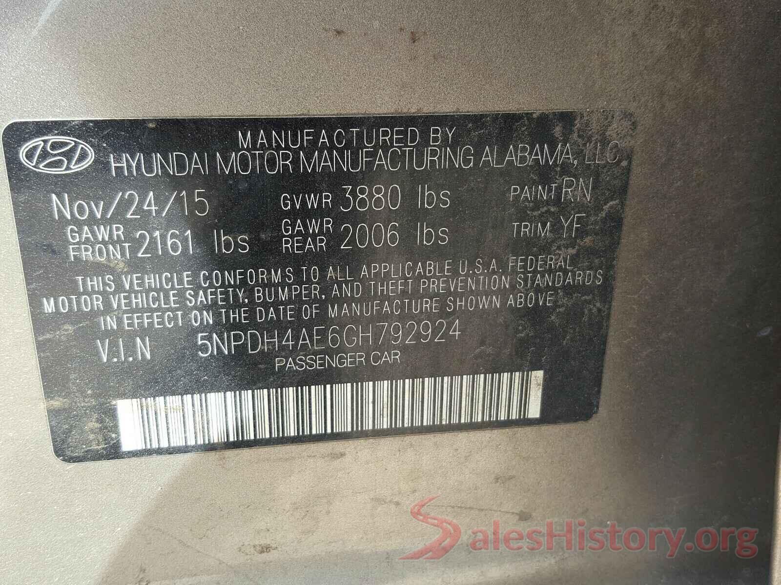 5NPDH4AE6GH792924 2016 HYUNDAI ELANTRA