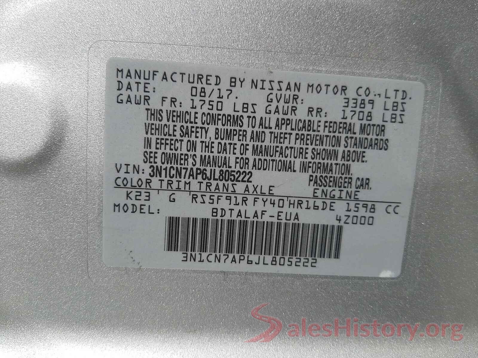 3N1CN7AP6JL805222 2018 NISSAN VERSA