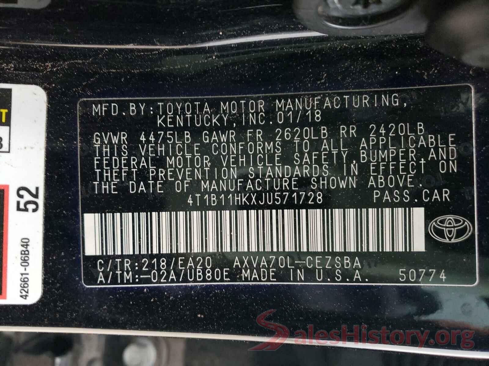 4T1B11HKXJU571728 2018 TOYOTA CAMRY